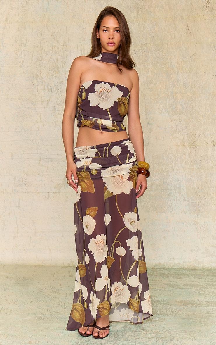 Pretty Little Thing Dark Chocolate Floral Printed Chiffon Scarf Detail Ruched Bandeau Top