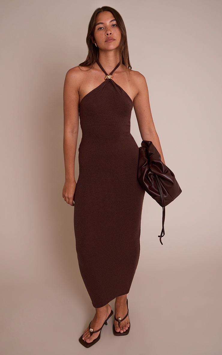 Pretty Little Thing Dark Chocolate Halter Neck Trim Detail Maxi Dress