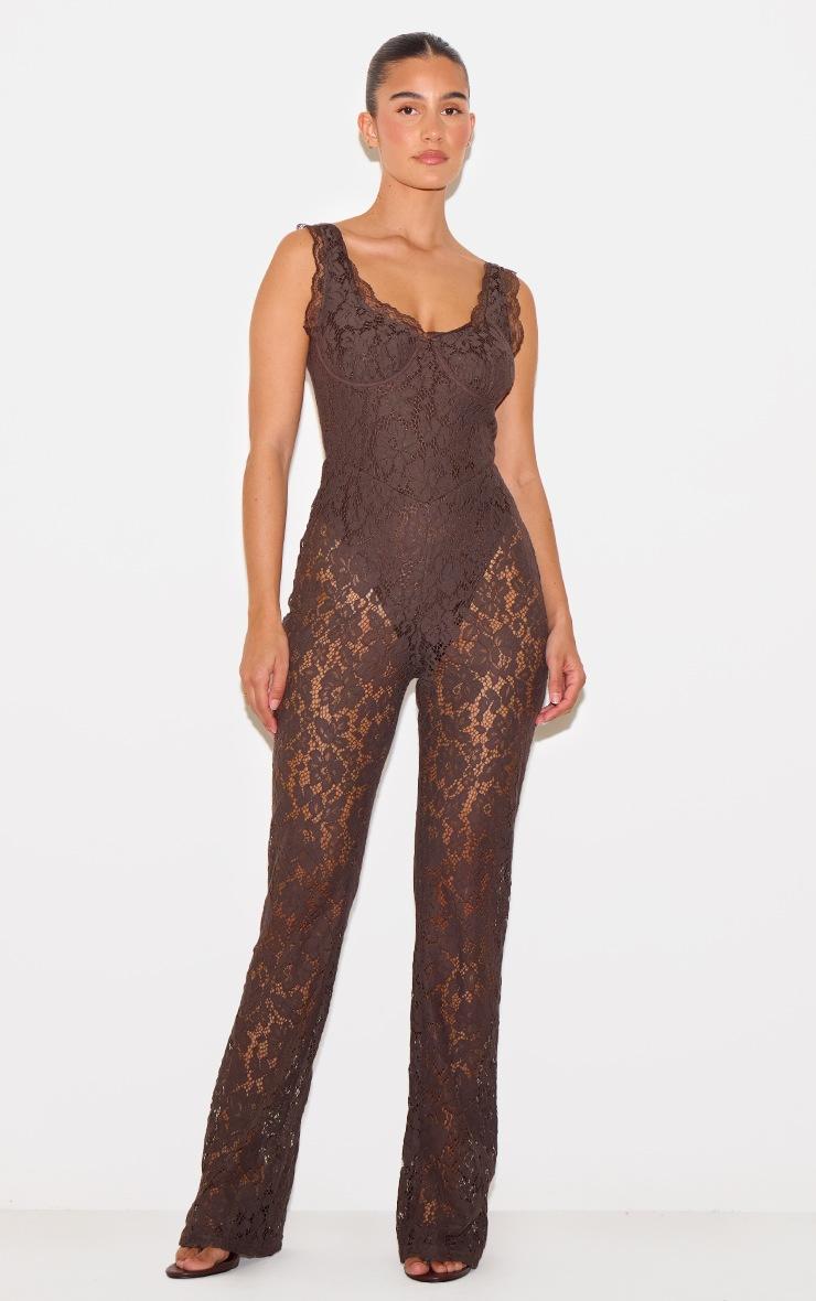 Pretty Little Thing Dark Chocolate Lace Boning Detail Strappy Flared Jumpsuit
