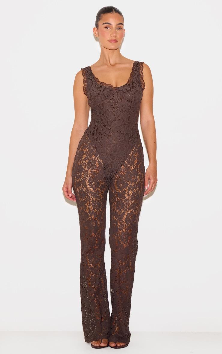 Pretty Little Thing Dark Chocolate Lace Boning Detail Strappy Flared Jumpsuit