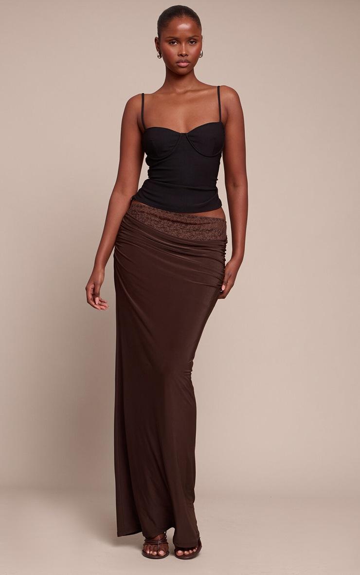 Pretty Little Thing Dark Chocolate Lace Underlay Double Slinky Cowl Maxi Skirt