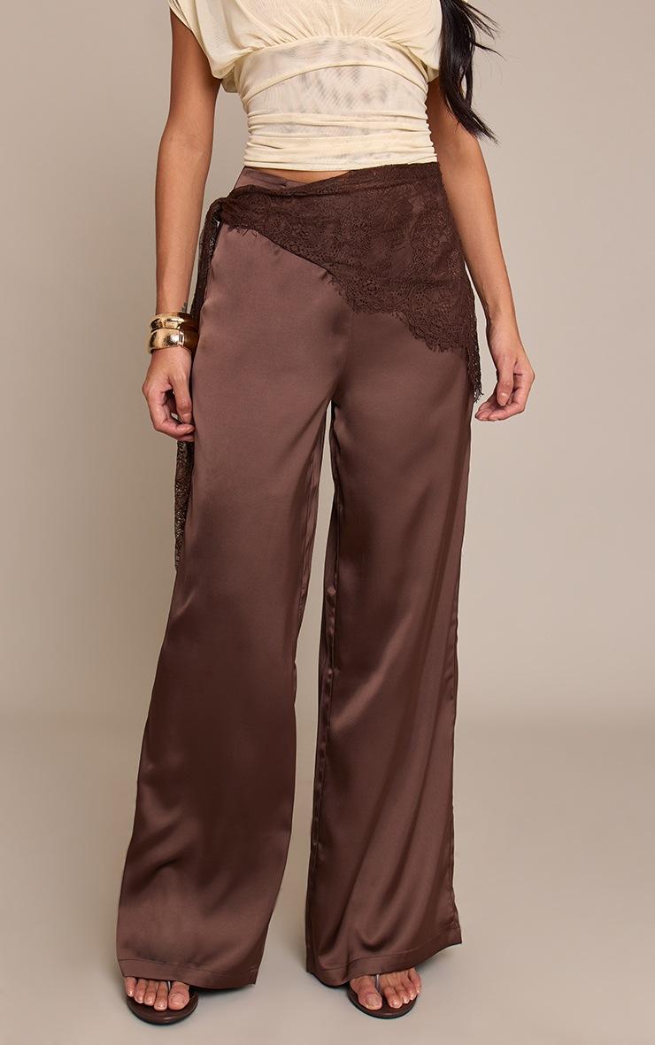 Pretty Little Thing Dark Chocolate Lace Wrap Detail Satin Wide Leg Pants