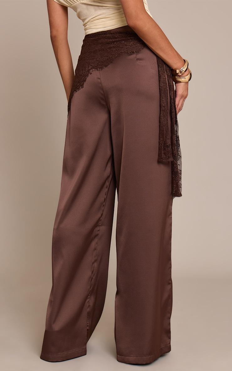 Pretty Little Thing Dark Chocolate Lace Wrap Detail Satin Wide Leg Pants