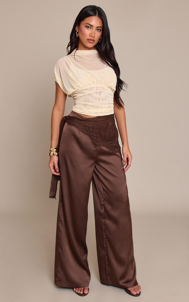 Pretty Little Thing Dark Chocolate Lace Wrap Detail Satin Wide Leg Pants