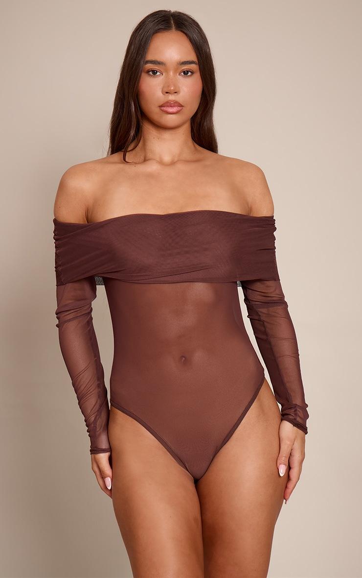 Pretty Little Thing Dark Chocolate Mesh Fold Over Bardot Long Sleeve Bodysuit