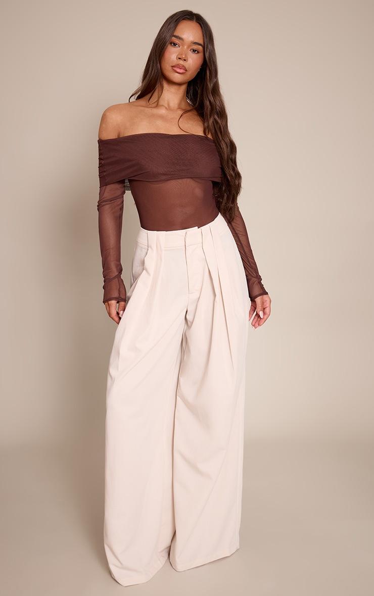 Pretty Little Thing Dark Chocolate Mesh Fold Over Bardot Long Sleeve Bodysuit