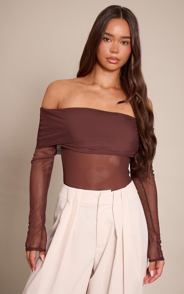 Pretty Little Thing Dark Chocolate Mesh Fold Over Bardot Long Sleeve Bodysuit
