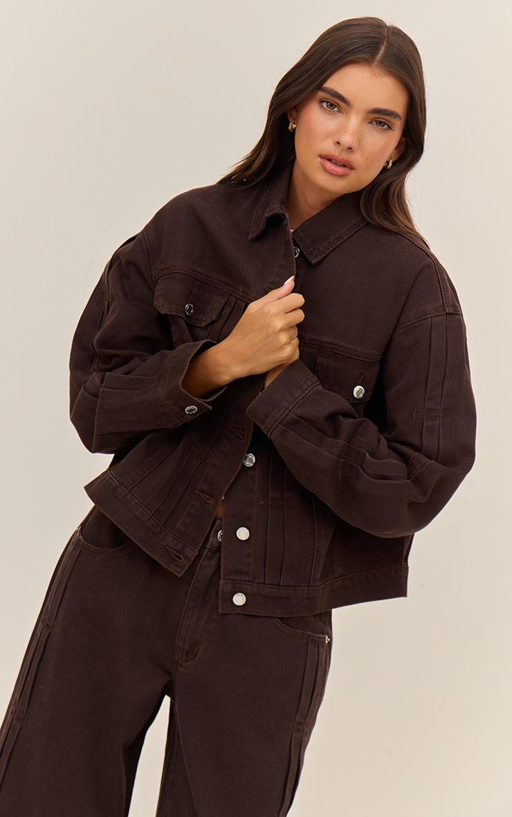 Pretty Little Thing Dark Chocolate Pleat Detail Boxy Denim Jacket
