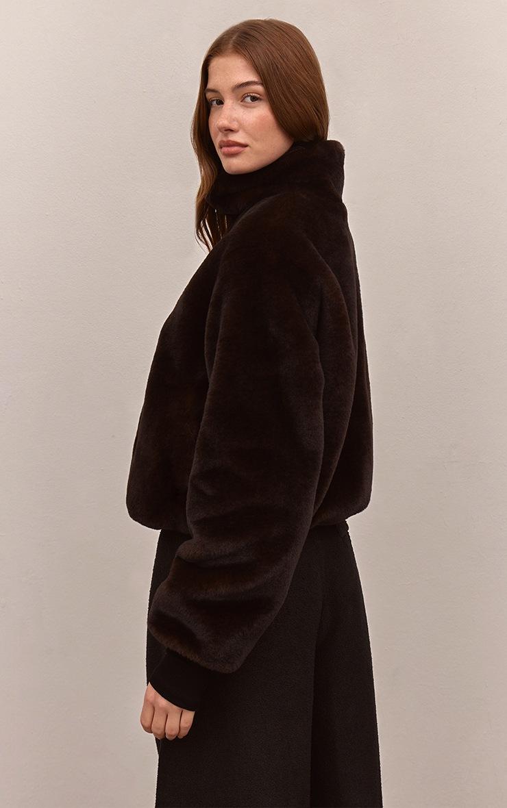 Pretty Little Thing Dark Chocolate Plush Faux Fur Cropped Bomber Style Coat