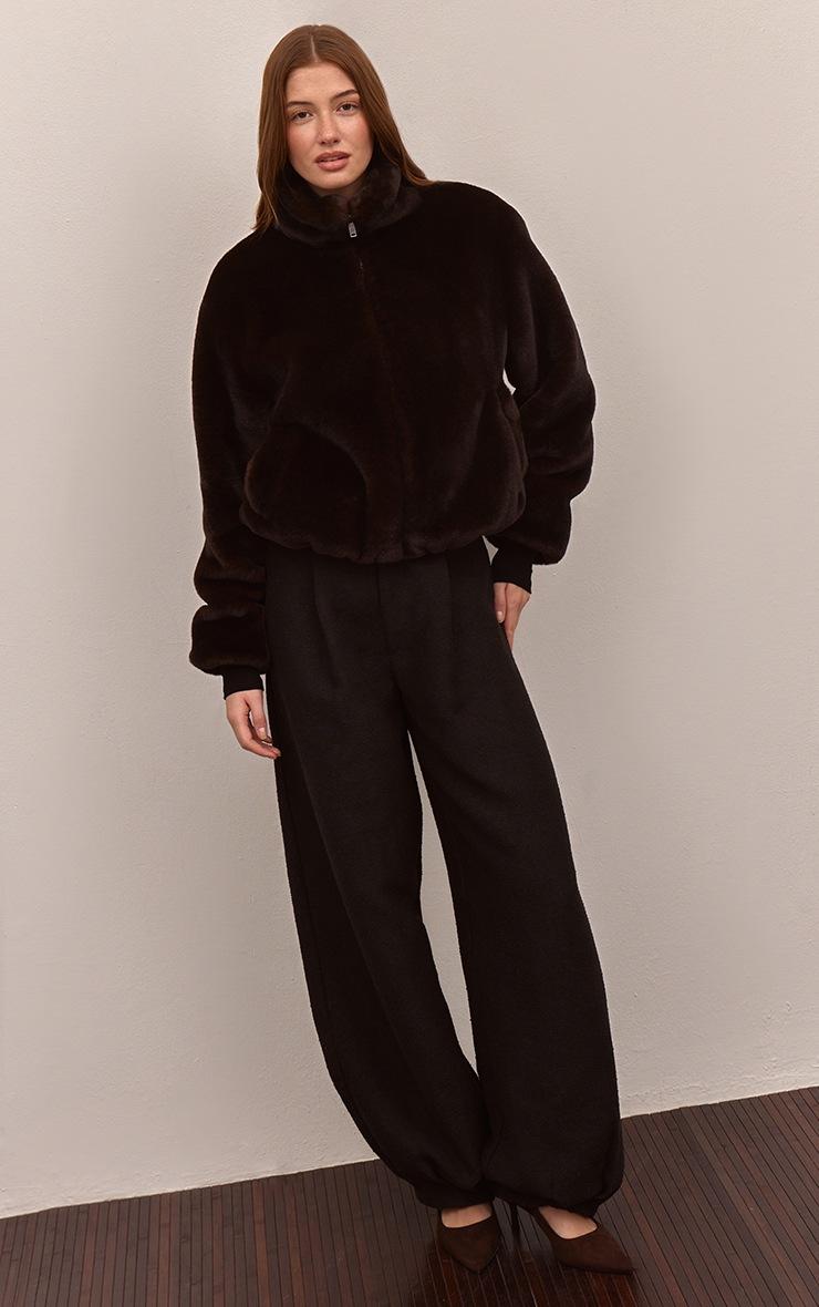 Pretty Little Thing Dark Chocolate Plush Faux Fur Cropped Bomber Style Coat