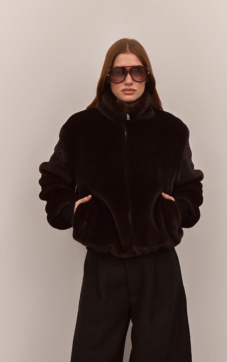 Pretty Little Thing Dark Chocolate Plush Faux Fur Cropped Bomber Style Coat