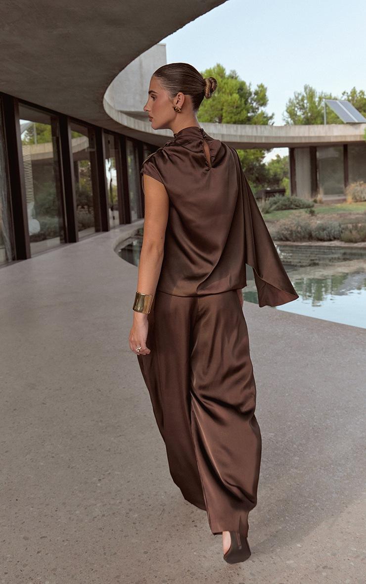 Pretty Little Thing Dark Chocolate Satin One Sleeve Draped Top