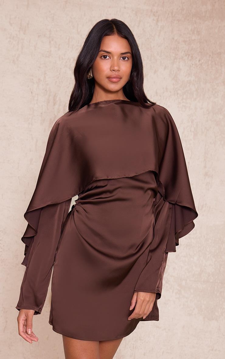 Pretty Little Thing Dark Chocolate Satin Overlay Cape Detail Bodycon Dress