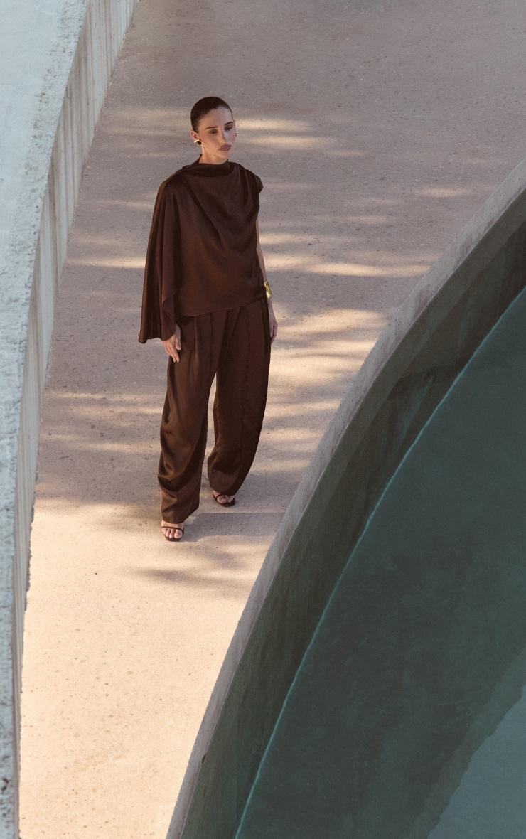 Pretty Little Thing Dark Chocolate Satin Panel Detail Pants