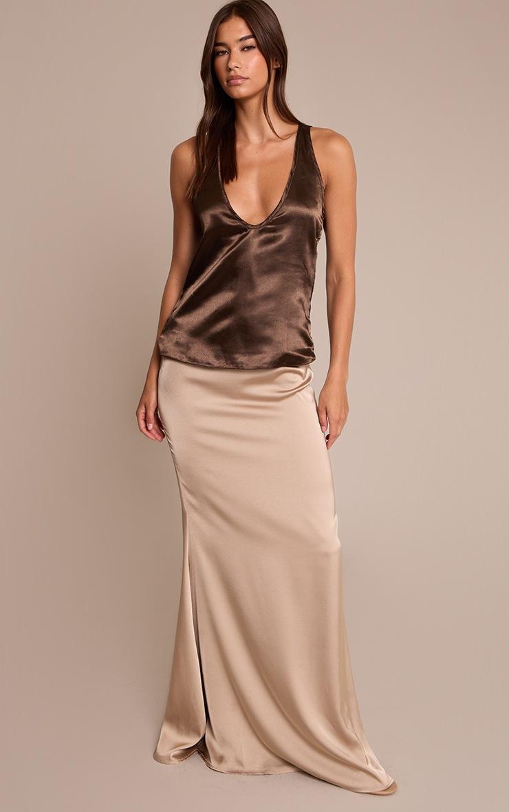 Pretty Little Thing Dark Chocolate Satin Plunge Sleeveless Top