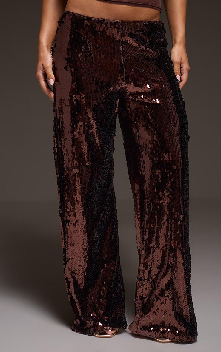 Pretty Little Thing Dark Chocolate Sequin Wide Leg Floaty Pants