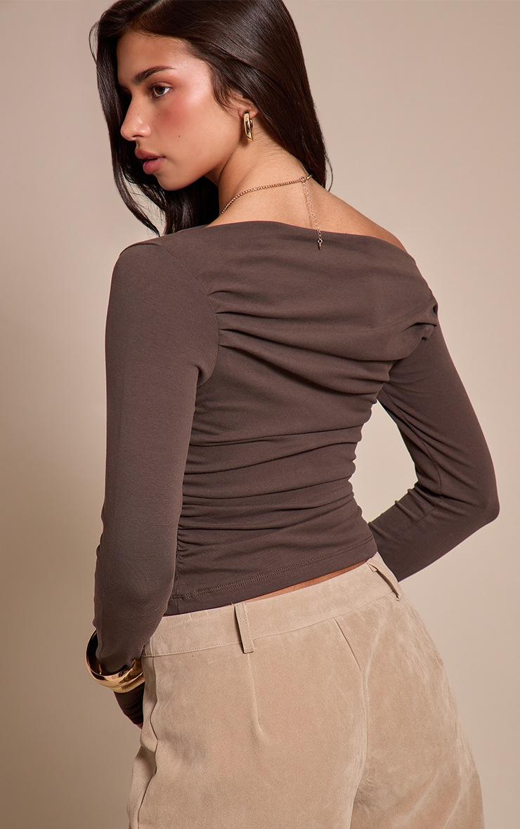 Pretty Little Thing Dark Chocolate Soft Cotton Ruched Asymmetric Long Sleeve Top