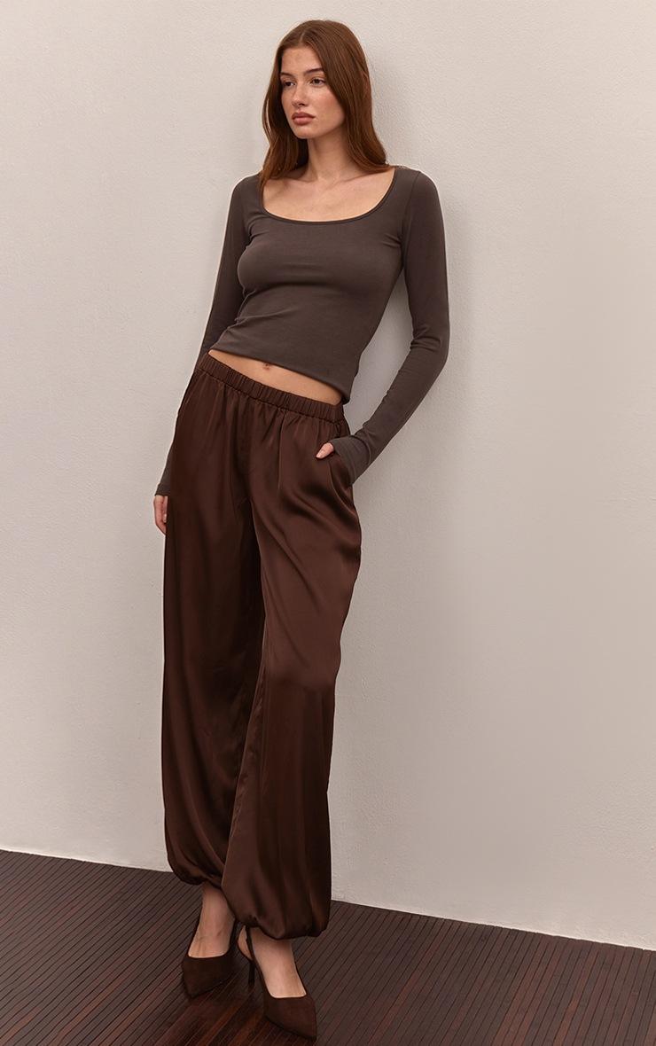 Pretty Little Thing Dark Chocolate Soft Cotton Scoop Neck Long Sleeve Top