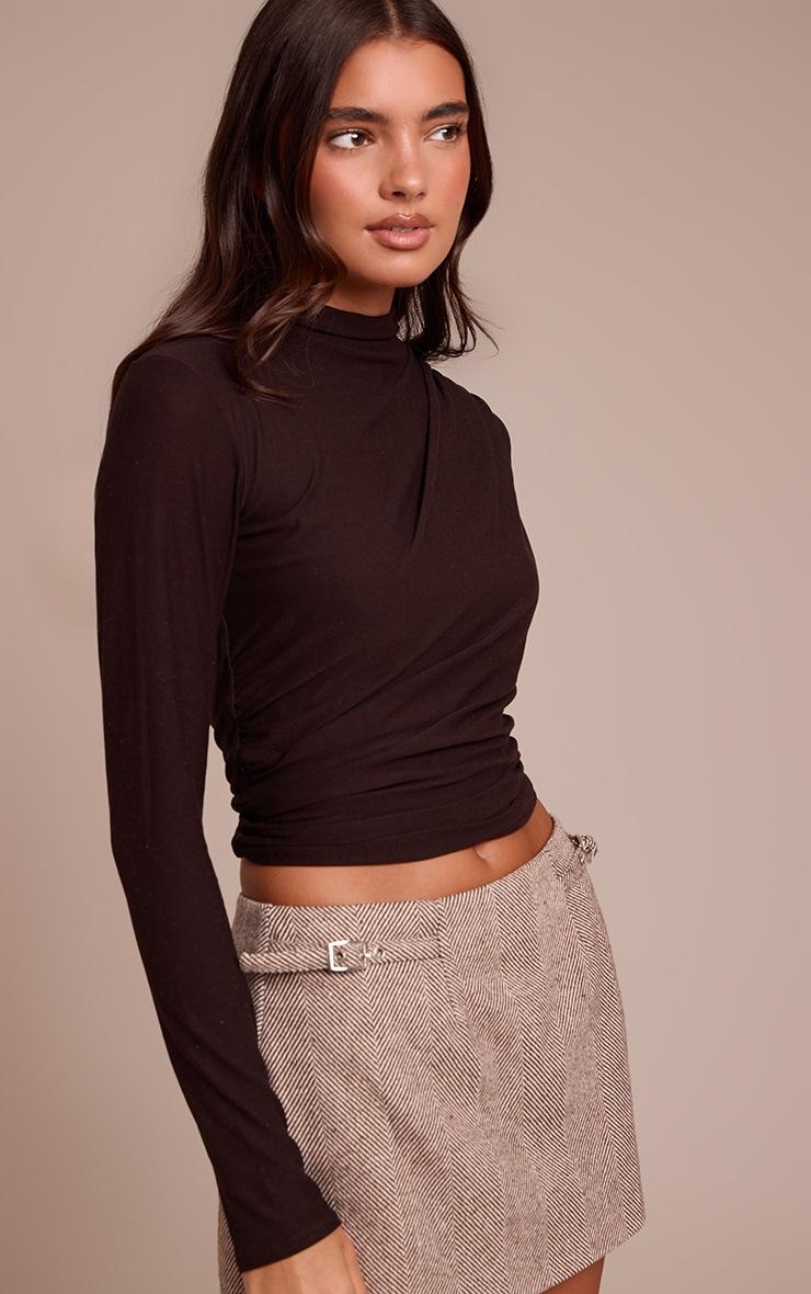 Pretty Little Thing Dark Chocolate Soft Touch High Neck Ruched Detail Long Sleeve Top