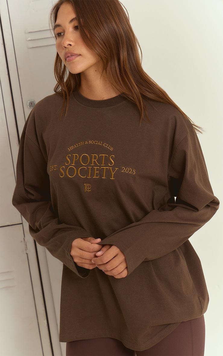 Pretty Little Thing Dark Chocolate Sport Society Cotton Oversized T Shirt