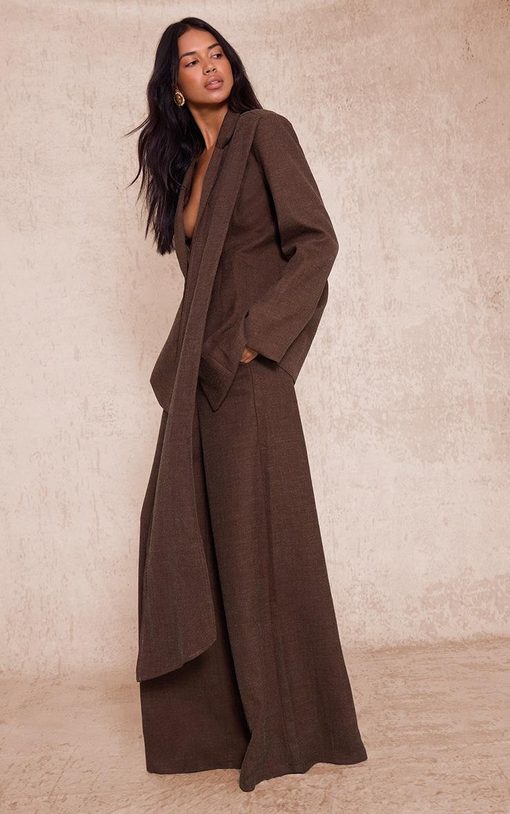 Pretty Little Thing Dark Chocolate Woven Drape Scarf Detail Oversized Blazer