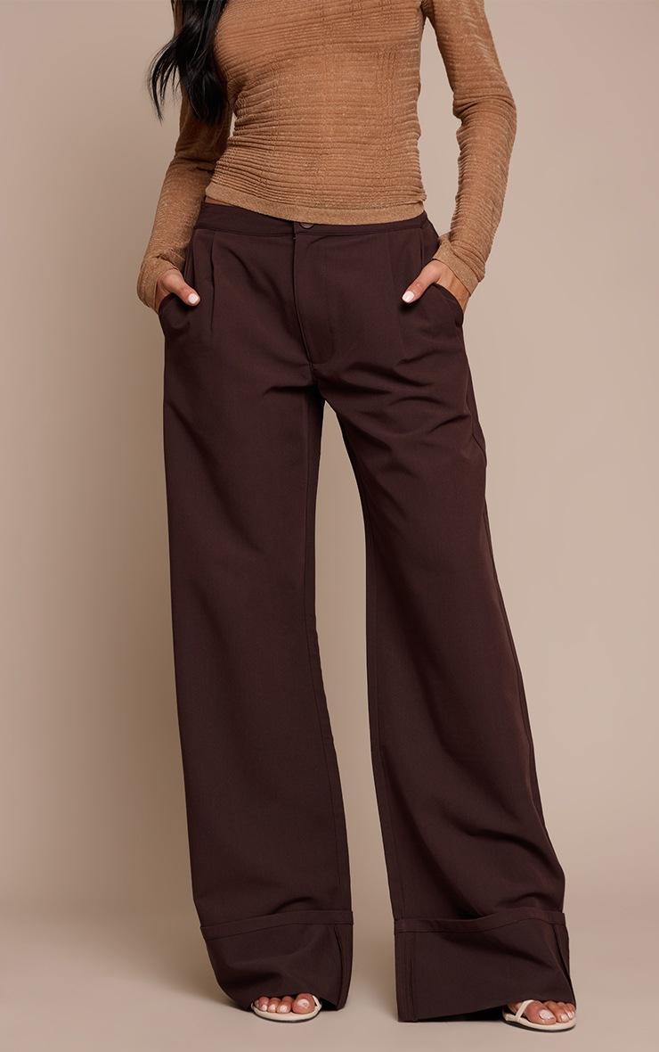 Pretty Little Thing Dark Chocolate Woven Tailored Wide Leg Pleated Pants