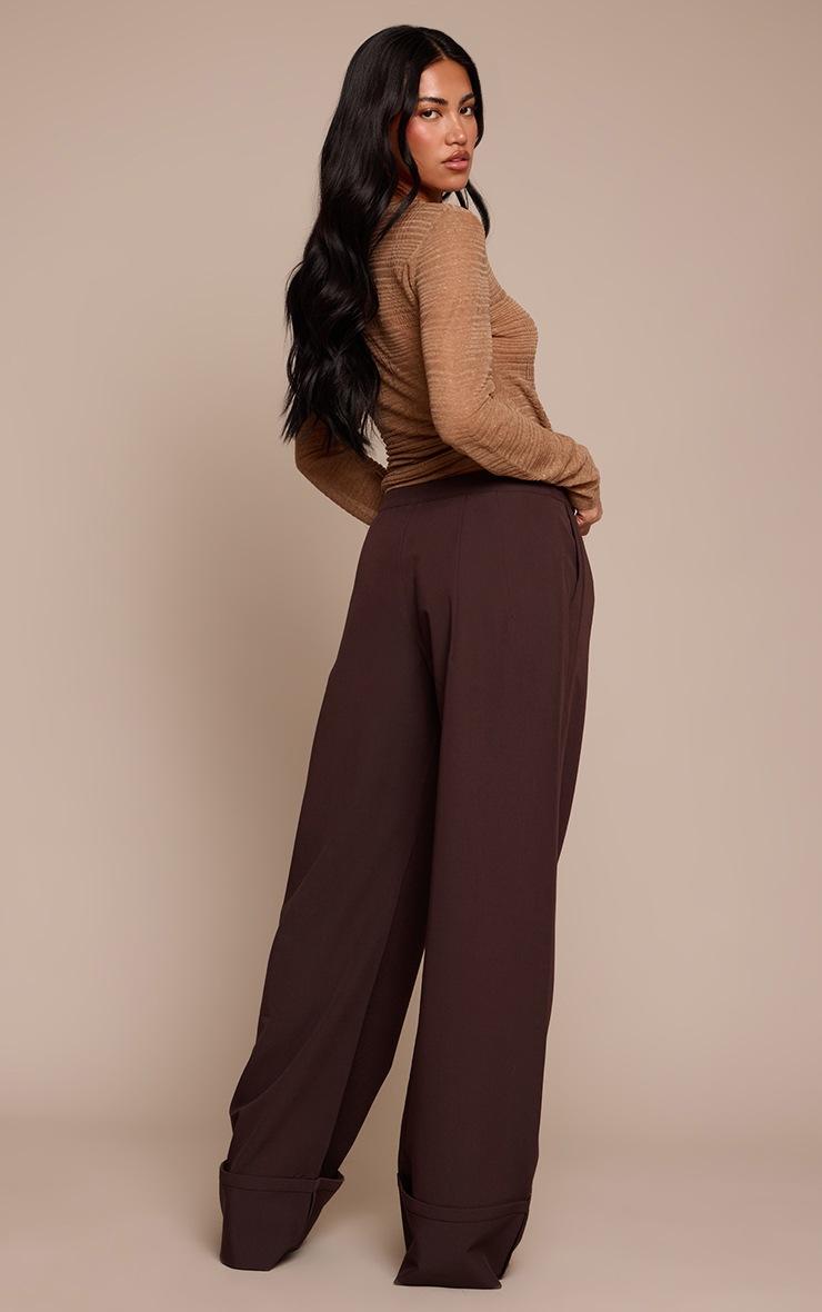 Pretty Little Thing Dark Chocolate Woven Tailored Wide Leg Pleated Pants