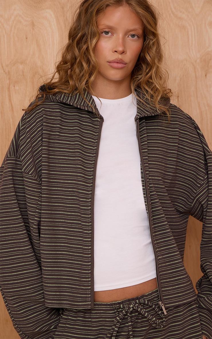 Pretty Little Thing Dark Green Striped Soft Fleece Zip Up Hoodie