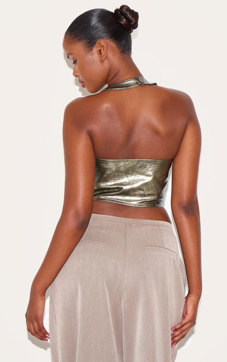 Pretty Little Thing Dark Green Washed Faux Leather Lace Up Plunge Halterneck Top