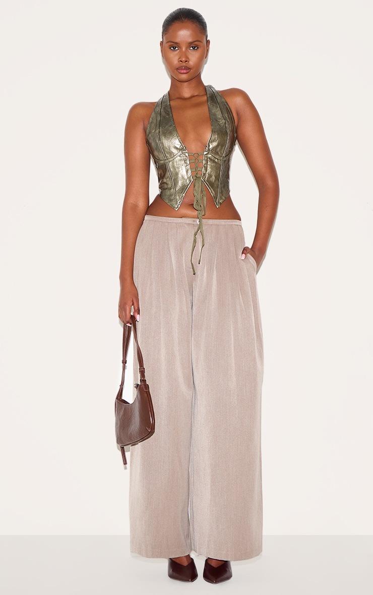 Pretty Little Thing Dark Green Washed Faux Leather Lace Up Plunge Halterneck Top