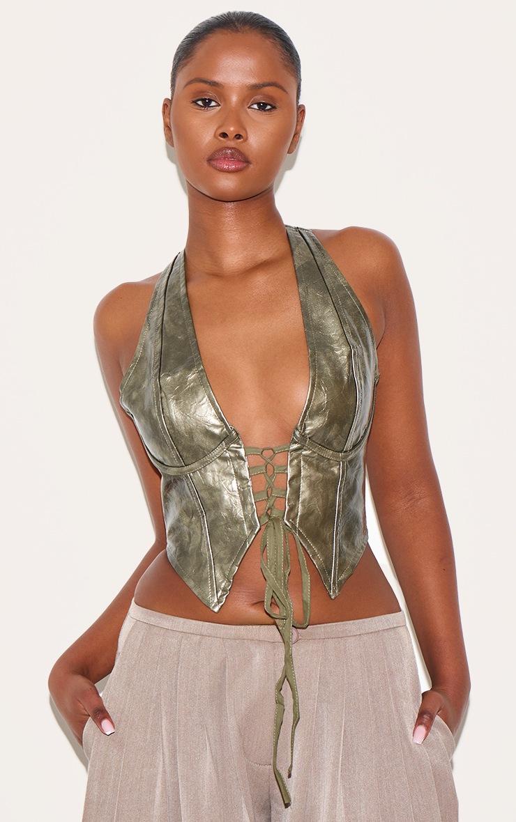 Pretty Little Thing Dark Green Washed Faux Leather Lace Up Plunge Halterneck Top