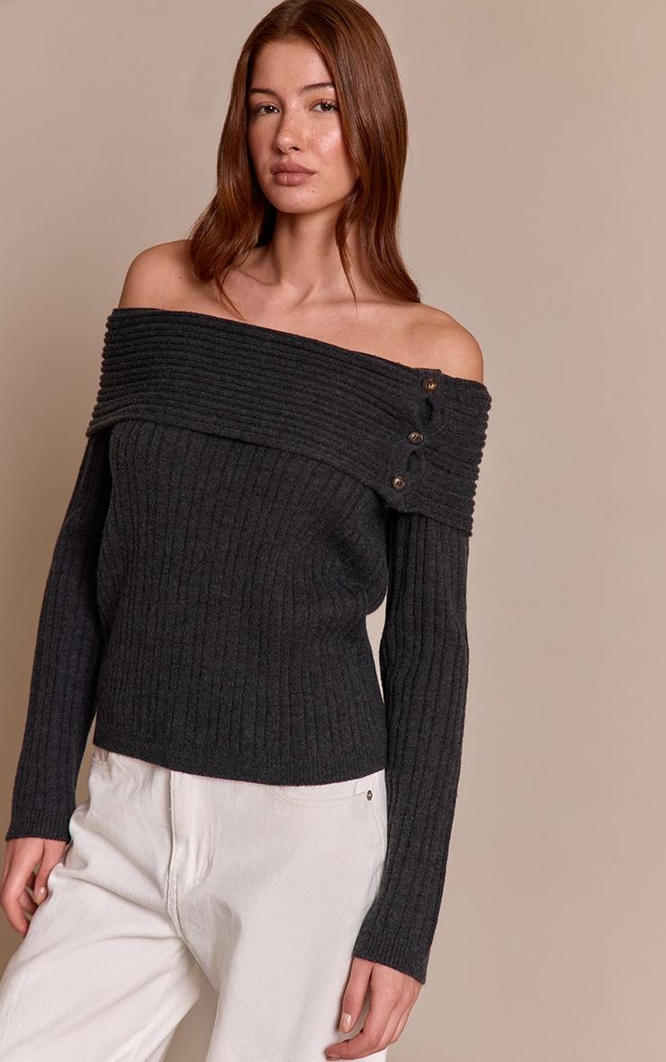 Pretty Little Thing Dark Grey Button Detail Ribbed Knit Bardot Sweater