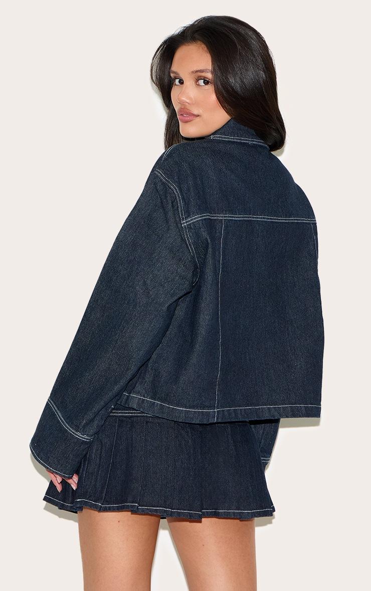Pretty Little Thing Dark Indigo Contrast Stitch Oversized Denim Jacket