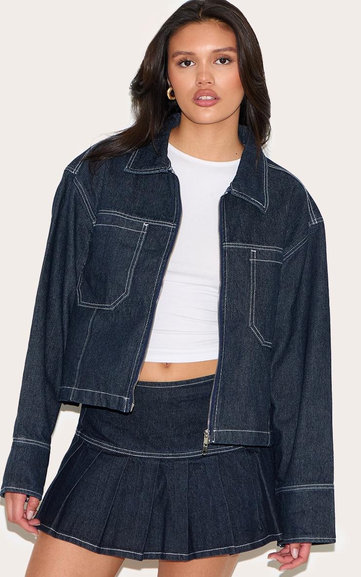 Pretty Little Thing Dark Indigo Contrast Stitch Oversized Denim Jacket