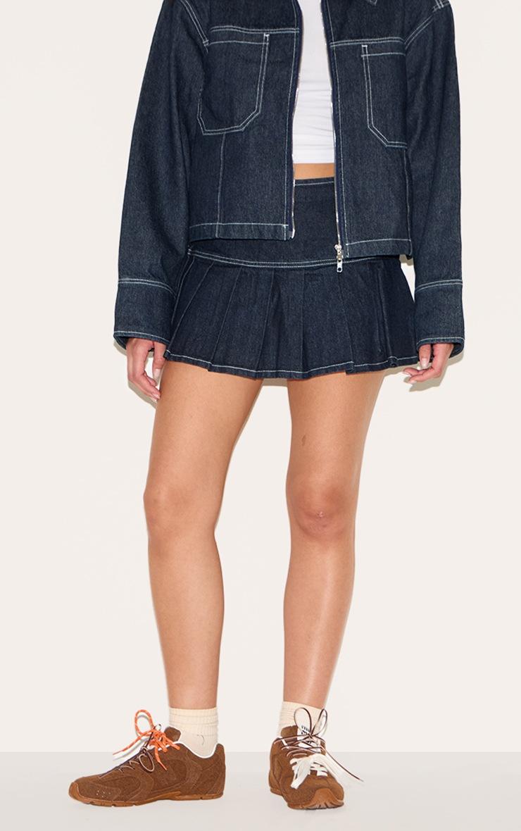 Pretty Little Thing Dark Indigo Contrast Stitch Pleated Denim Mini Skirt
