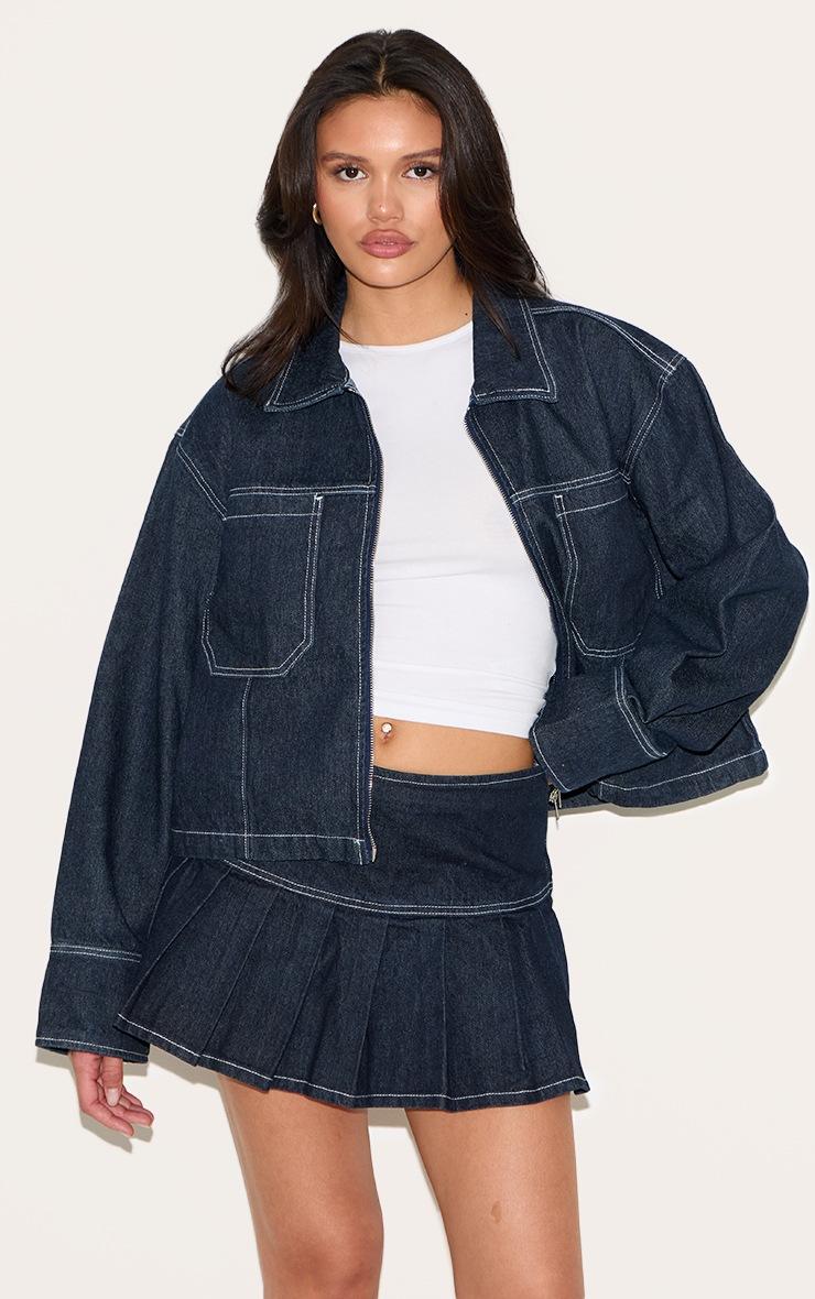 Pretty Little Thing Dark Indigo Contrast Stitch Pleated Denim Mini Skirt