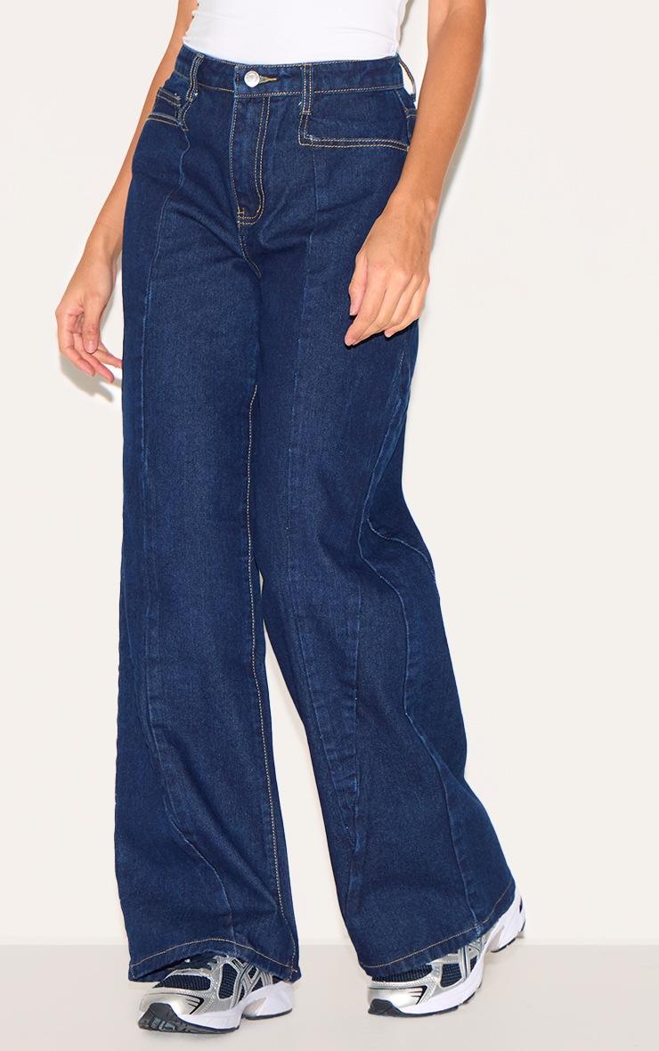 Pretty Little Thing Dark Indigo Seam Detail Wide Leg Jeans