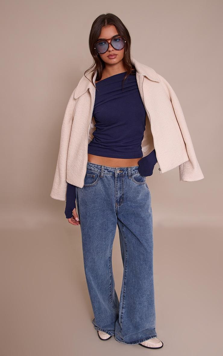 Pretty Little Thing Dark Indigo Soft Cotton Ruched Asymmetric Long Sleeve Top