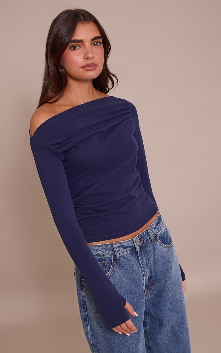 Pretty Little Thing Dark Indigo Soft Cotton Ruched Asymmetric Long Sleeve Top