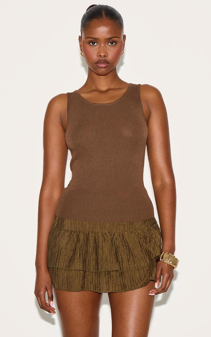 Pretty Little Thing Dark Khaki Crinkle Woven Dropped Waist Frilly Mini Skirt