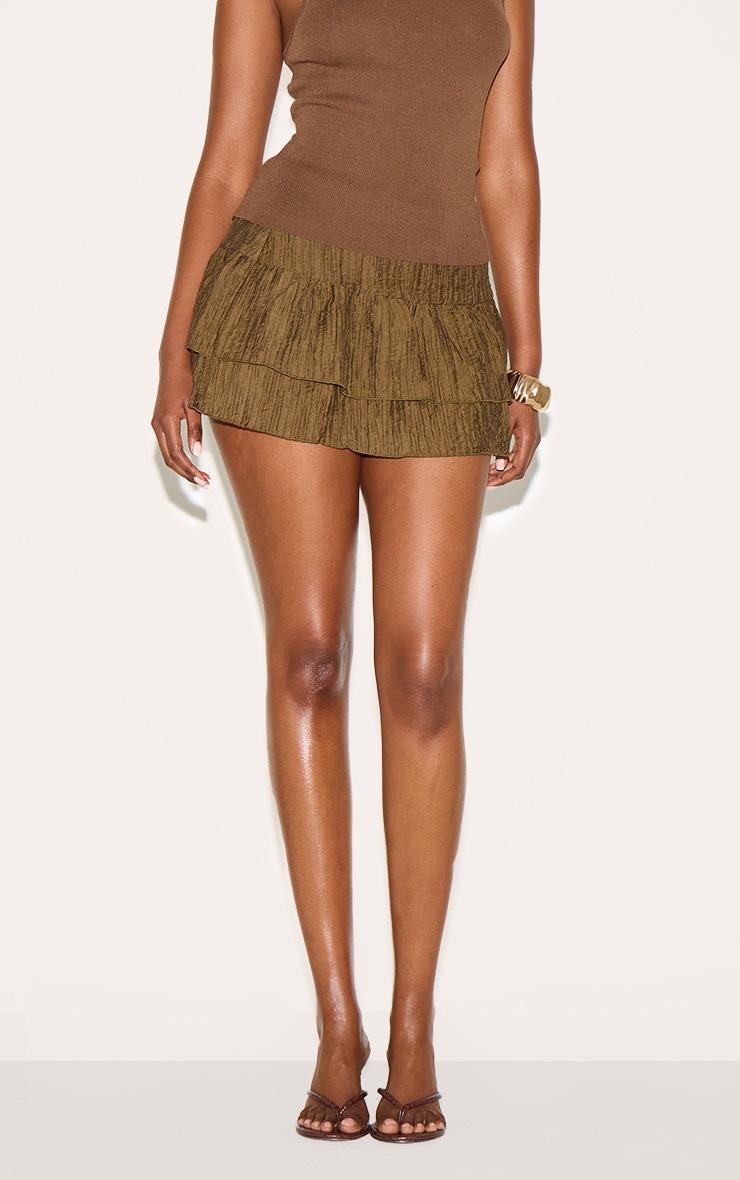 Pretty Little Thing Dark Khaki Crinkle Woven Dropped Waist Frilly Mini Skirt
