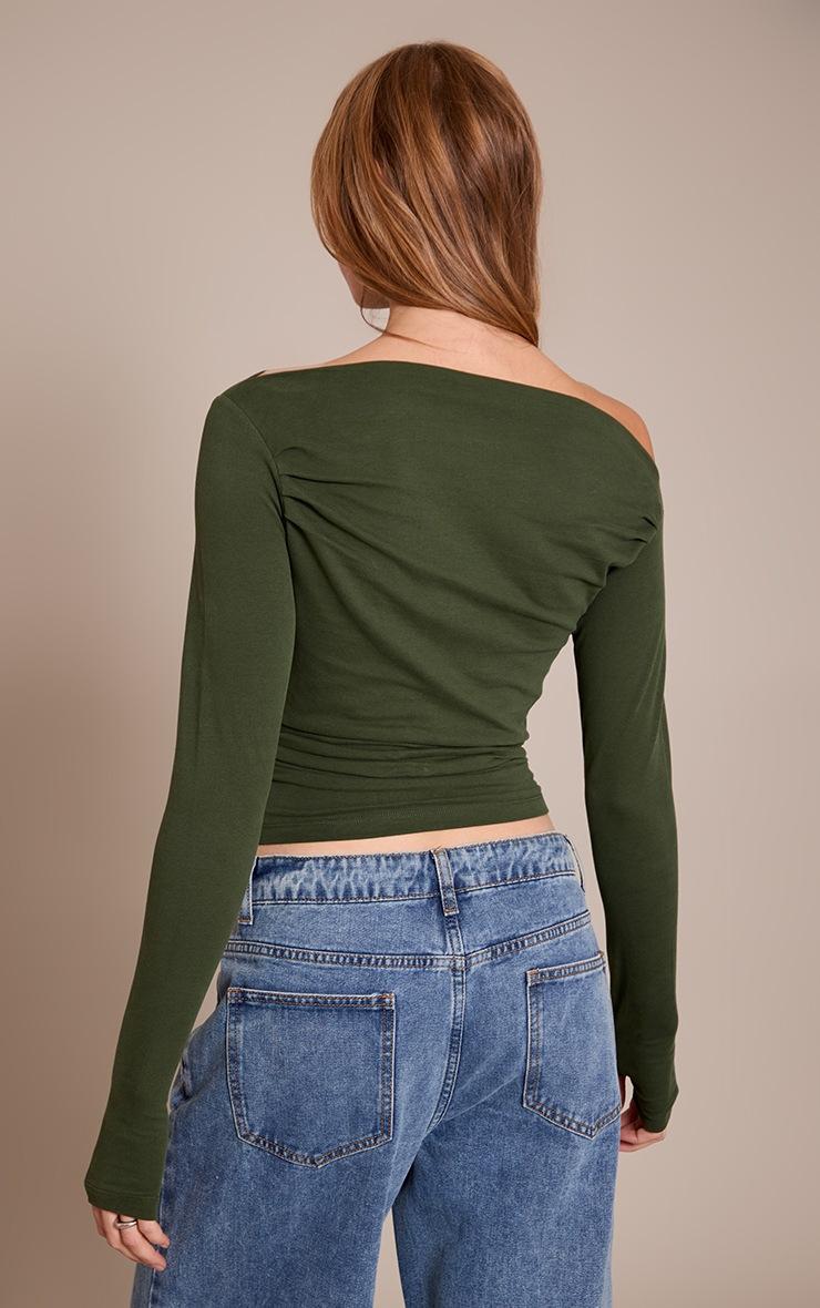 Pretty Little Thing Dark Khaki Soft Cotton Ruched Asymmetric Long Sleeve Top