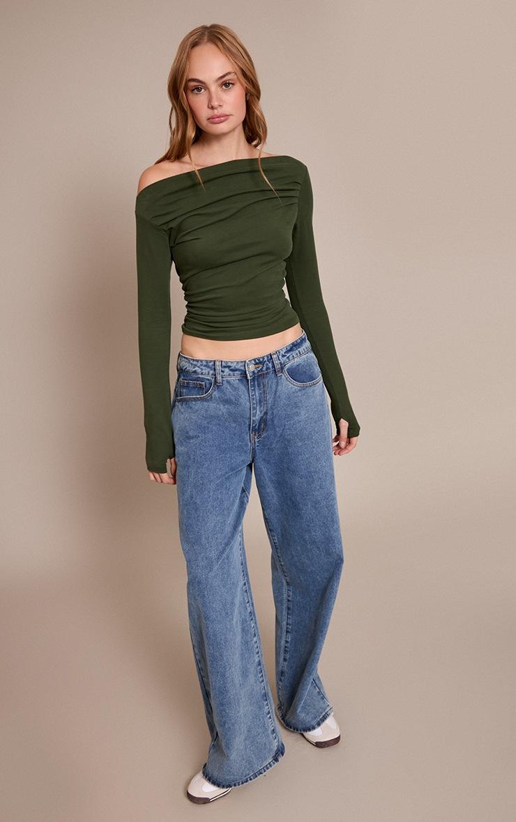 Pretty Little Thing Dark Khaki Soft Cotton Ruched Asymmetric Long Sleeve Top