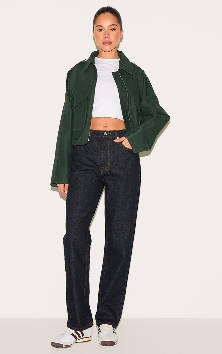 Pretty Little Thing Dark Khaki Trench Detail Cropped Zip Up Jacket