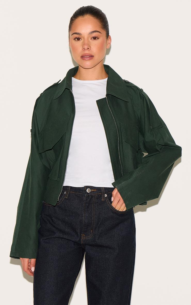 Pretty Little Thing Dark Khaki Trench Detail Cropped Zip Up Jacket