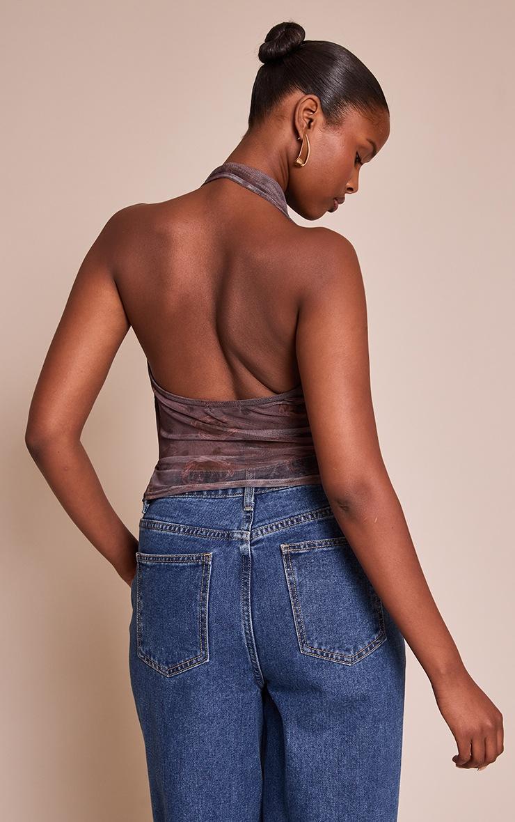 Pretty Little Thing Dark Mauve Rose Print Mesh Halter Neck Top