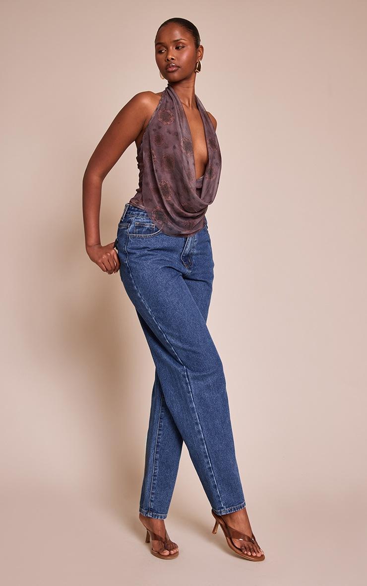 Pretty Little Thing Dark Mauve Rose Print Mesh Halter Neck Top