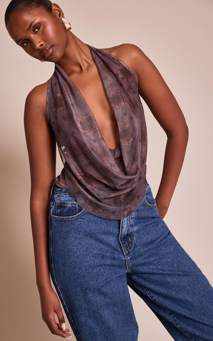 Pretty Little Thing Dark Mauve Rose Print Mesh Halter Neck Top
