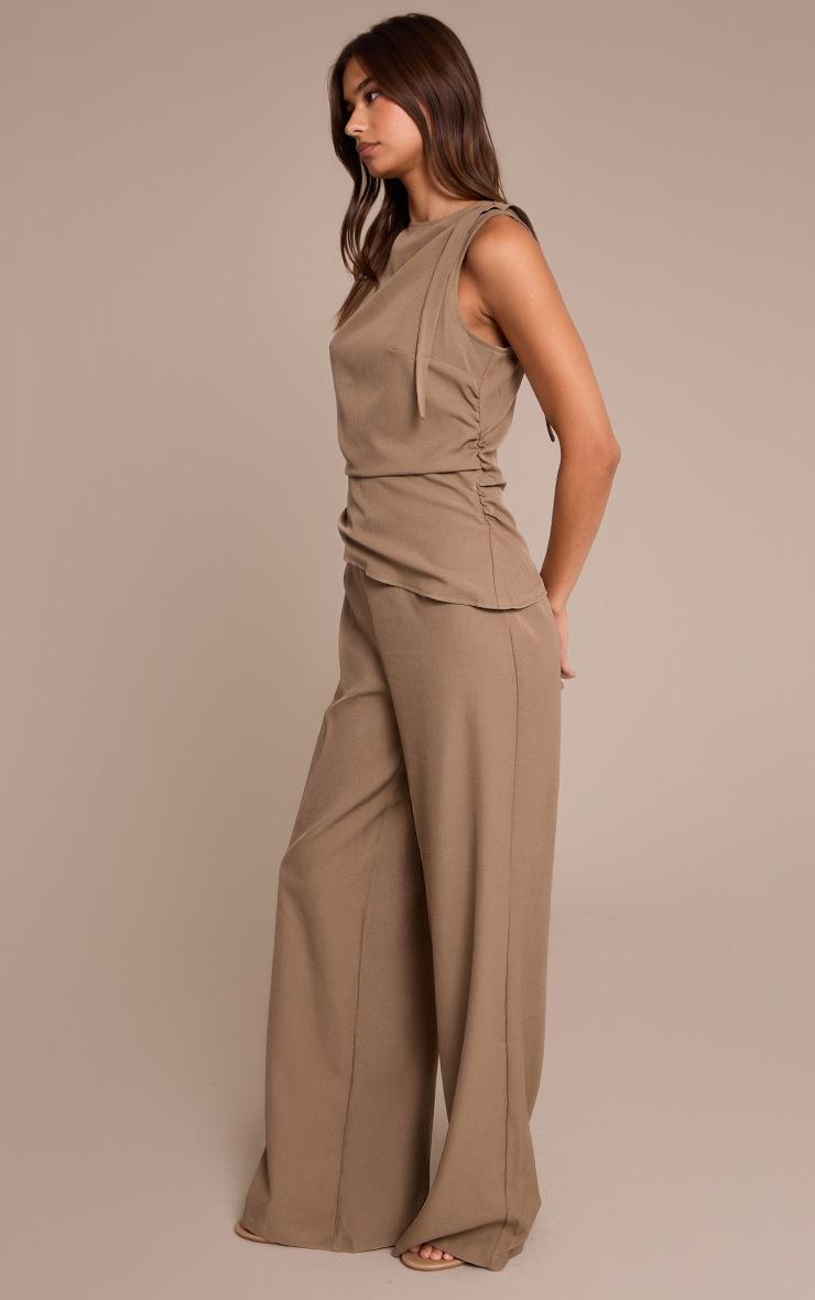 Pretty Little Thing Dark Mocha Woven High Neck Ruched Wide Leg Jumpsuit