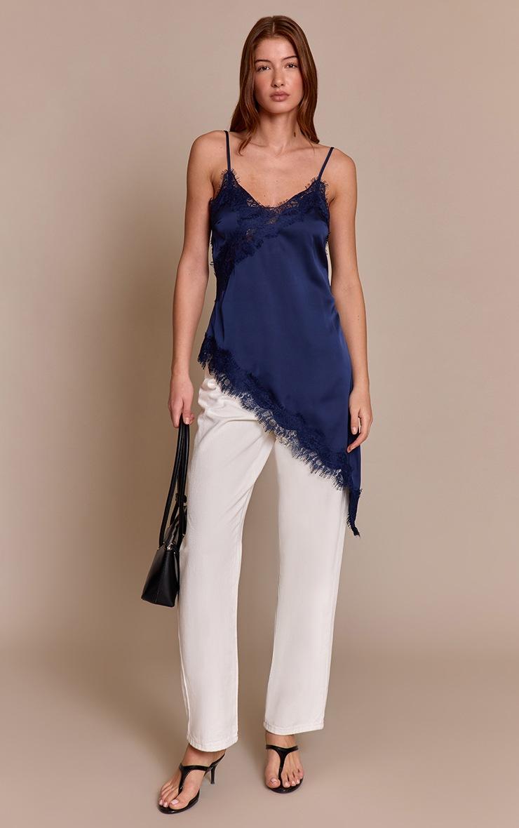 Pretty Little Thing Dark Navy Satin Lace Detail Asymmetric Long Top